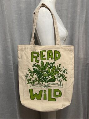 “Read Wild” Natural Cotton Tote Bag-Egg Shell/Greens-Open Top-EUC